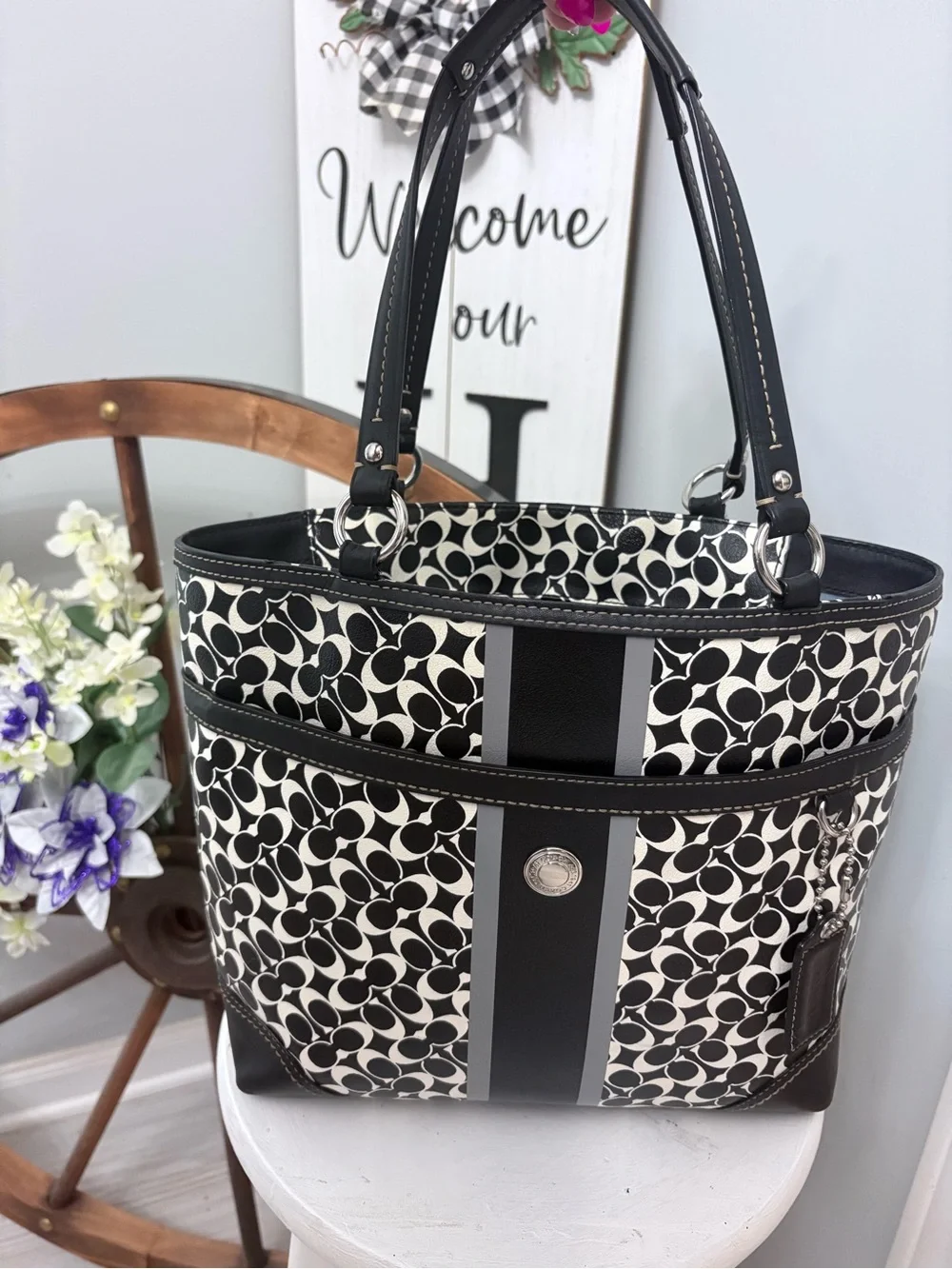 Coach Black and White Signature Tote with Striped Detail-Great condition